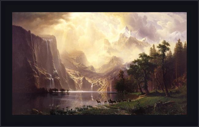 Framed Albert Bierstadt among the sierra nevada mountains california painting