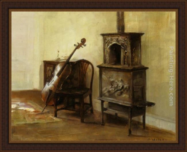 Framed Carl Vilhelm Holsoe interieur med en cello painting