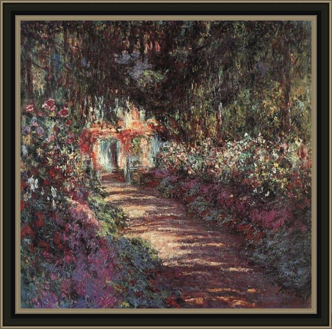 Framed Claude Monet the garden in flower painting