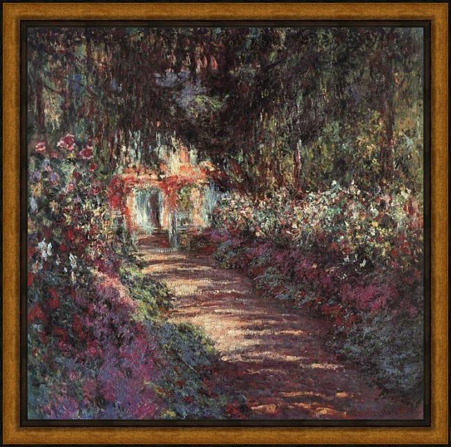 Framed Claude Monet the garden in flower painting