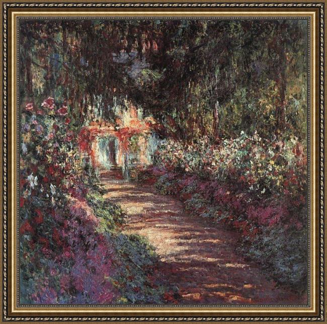 Framed Claude Monet the garden in flower painting
