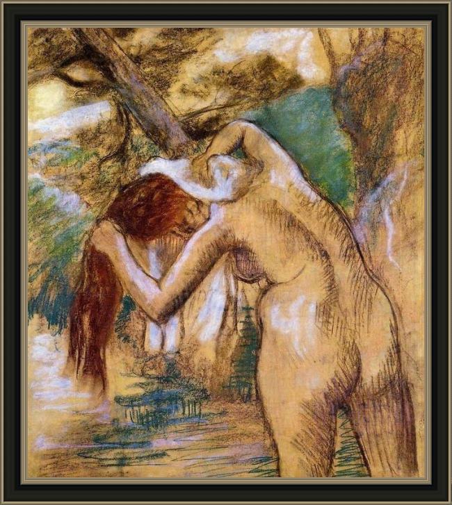 Framed Edgar Degas bather by the water painting