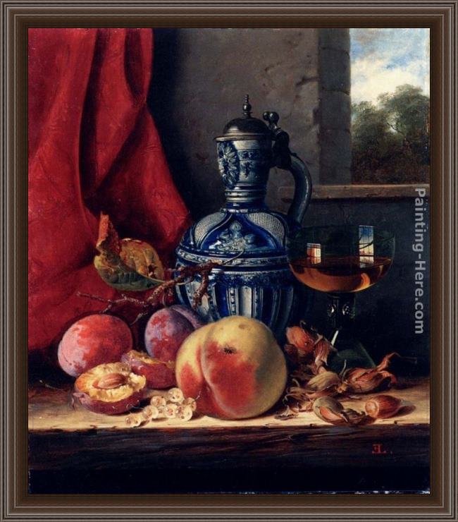 Framed Edward Ladell still life with peaches, whitecurrants, hazelnuts, a glass and a stoneware jug on a wooden ledge with a landscape beyond painting