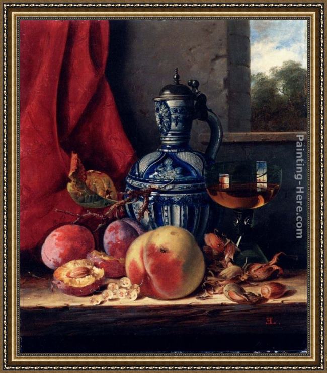 Framed Edward Ladell still life with peaches, whitecurrants, hazelnuts, a glass and a stoneware jug on a wooden ledge with a landscape beyond painting