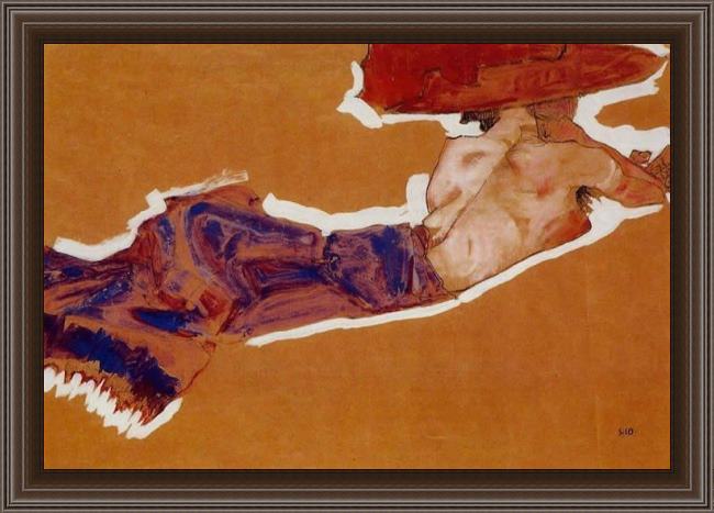 Framed Egon Schiele reclining semi nude with red hat gertrude schiele painting