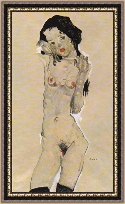 Framed Egon Schiele standing nude young girl painting