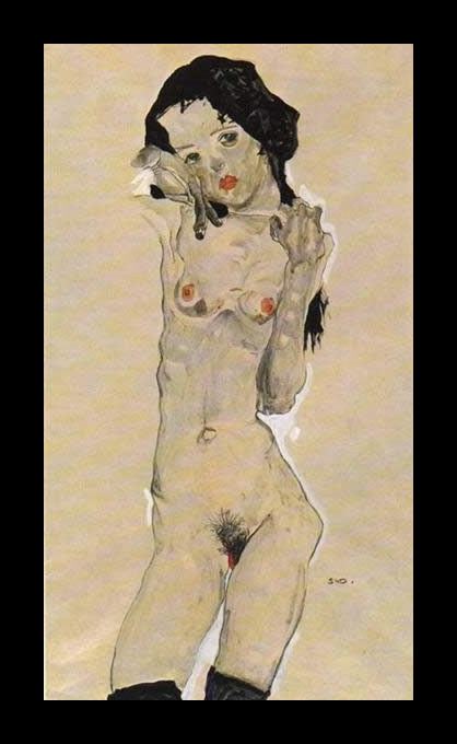 Framed Egon Schiele standing nude young girl painting