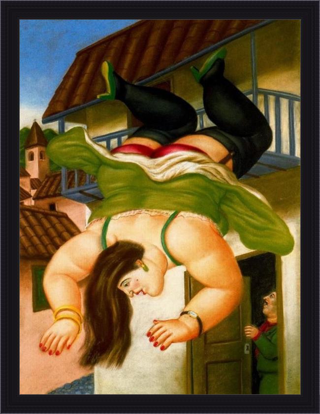 Framed Fernando Botero mujer cayendo de un balcon painting
