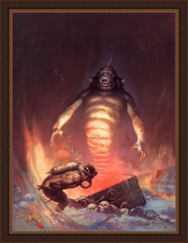 Framed Frank Frazetta sea monster painting