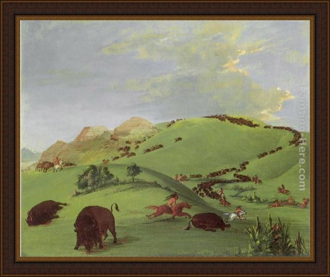 Framed George Catlin buffalo chase, mouth of the yellowstone painting