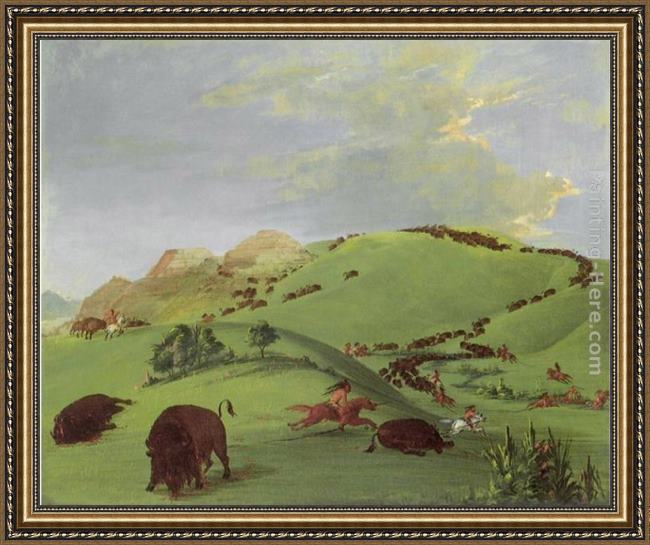 Framed George Catlin buffalo chase, mouth of the yellowstone painting