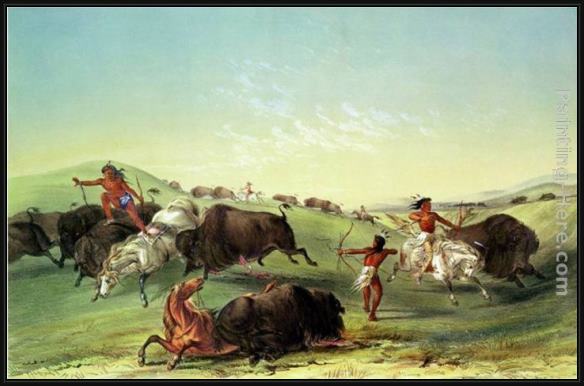 Framed George Catlin buffalo hunt painting