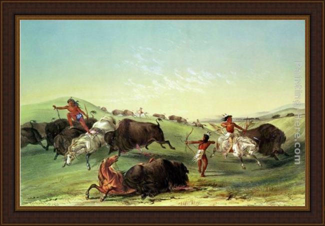 Framed George Catlin buffalo hunt painting