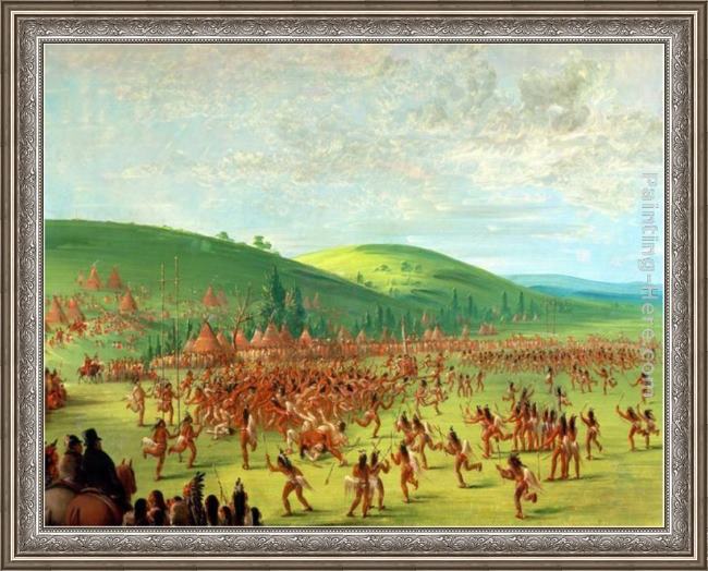 Framed George Catlin indian ball game painting