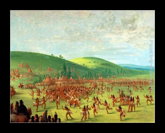 Framed George Catlin indian ball game painting