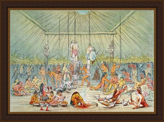 Framed George Catlin mandan ceremony painting