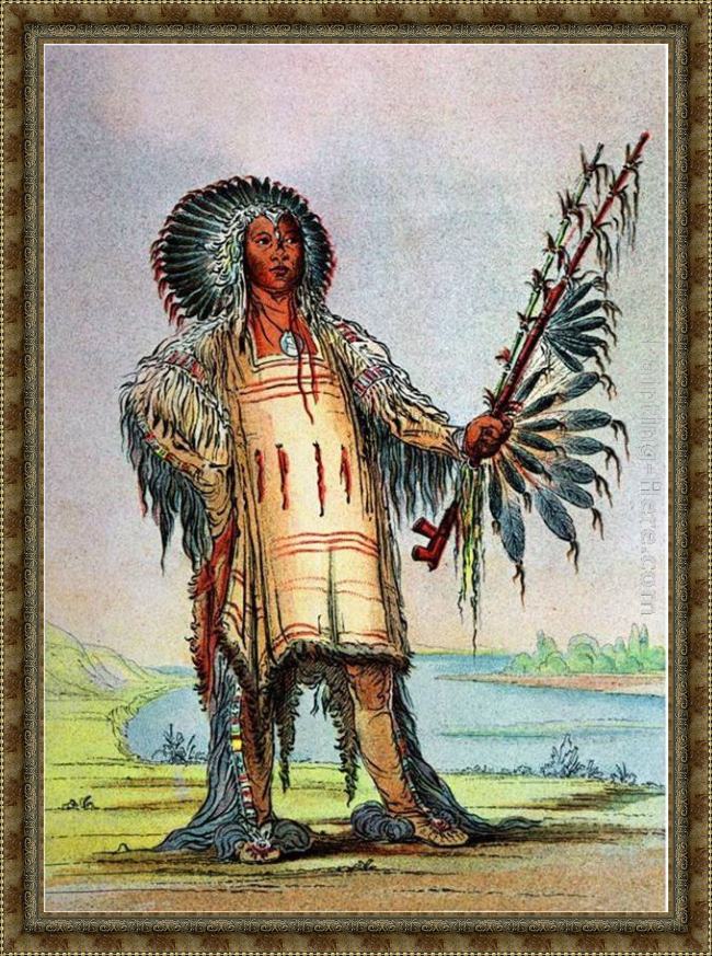 Framed George Catlin mandan indian ha-na-tah-muah wolf chief painting