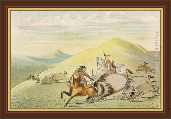 Framed George Catlin native american sioux hunting buffalo on horseback painting