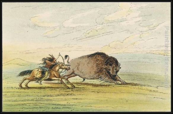 Framed George Catlin native american sioux hunting buffalo on horseback ii painting
