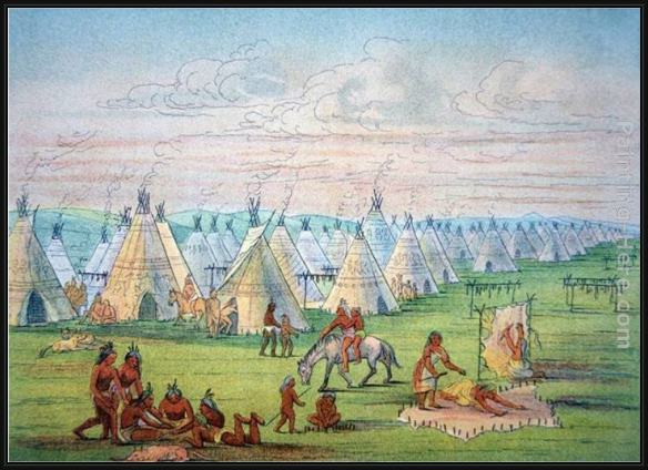 Framed George Catlin sioux camp scene painting