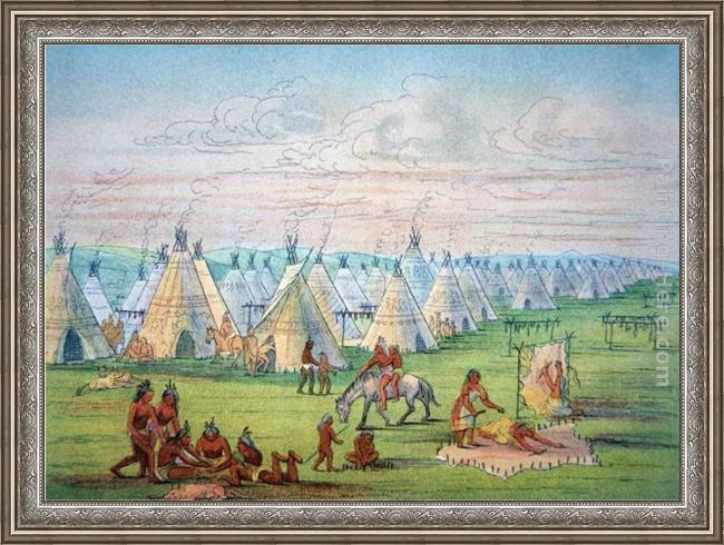 Framed George Catlin sioux camp scene painting