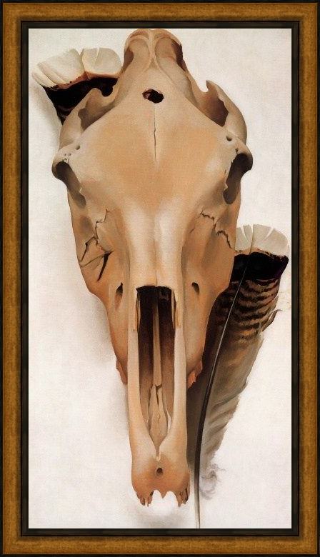 Framed Georgia O'Keeffe mule skull and turkey feathers painting