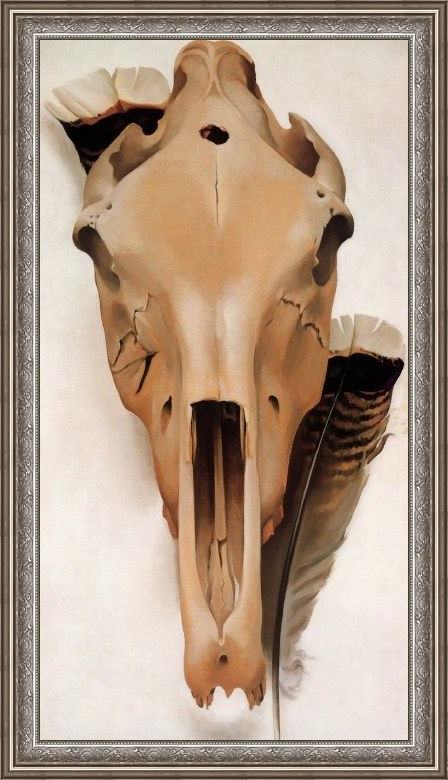 Framed Georgia O'Keeffe mule skull and turkey feathers painting