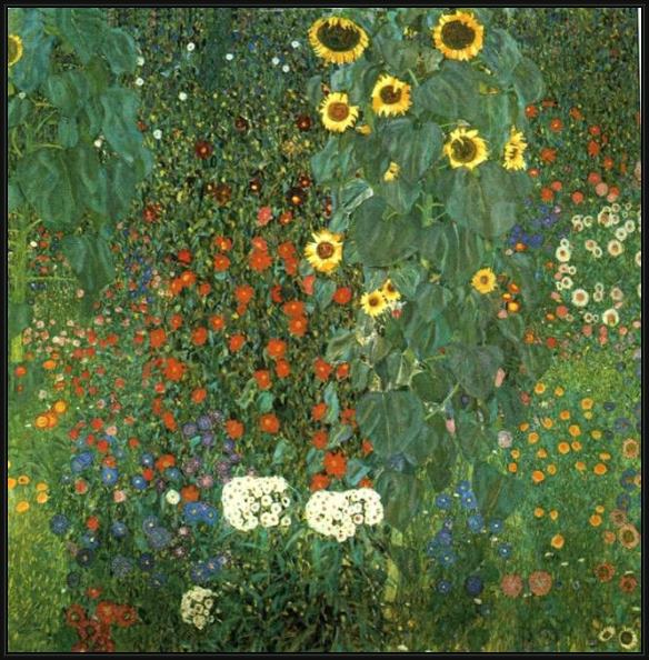 Framed Gustav Klimt country garden with sunflower painting