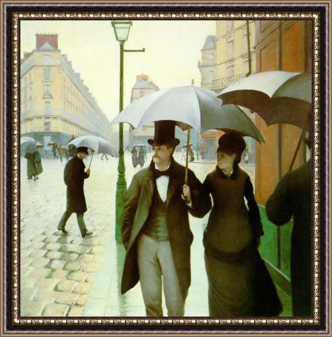 Framed Gustave Caillebotte paris street rainy weather painting