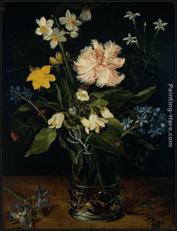 Framed Jan the elder Brueghel still life with flowers in a glass painting