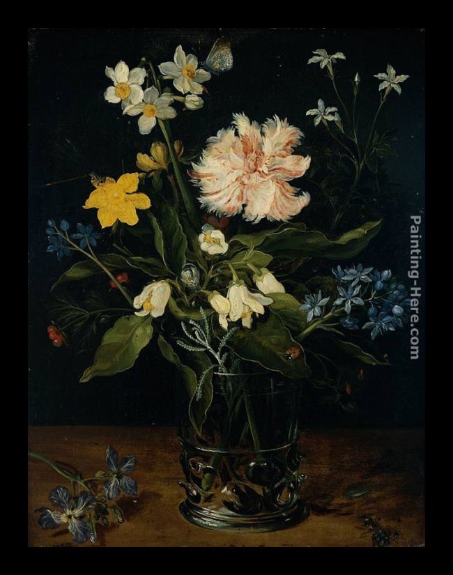 Framed Jan the elder Brueghel still life with flowers in a glass painting