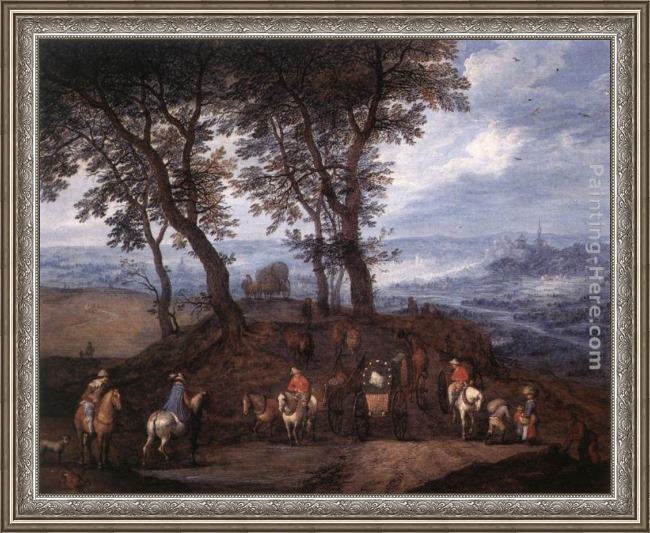 Framed Jan the elder Brueghel travellers on the way painting