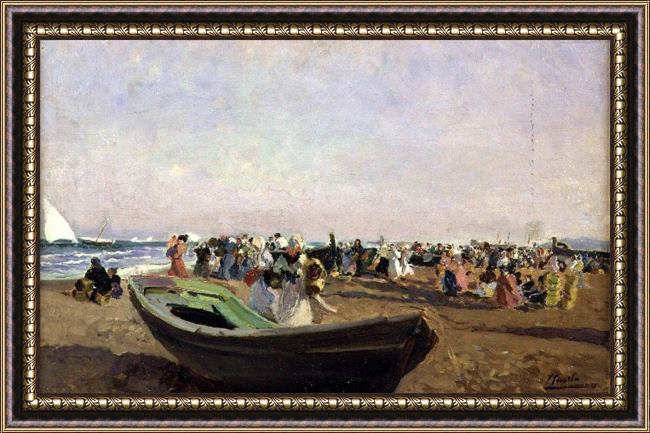 Framed Joaquin Sorolla y Bastida beach of valencia. fisherwomen painting