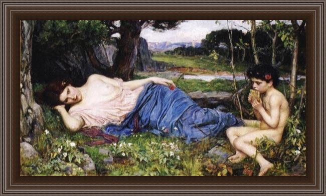 Framed John William Waterhouse listening to his sweet pipings painting