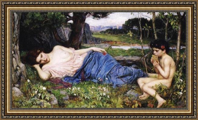 Framed John William Waterhouse listening to his sweet pipings painting