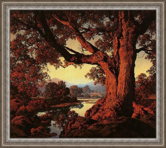 Framed Maxfield Parrish riverbank in autumn painting