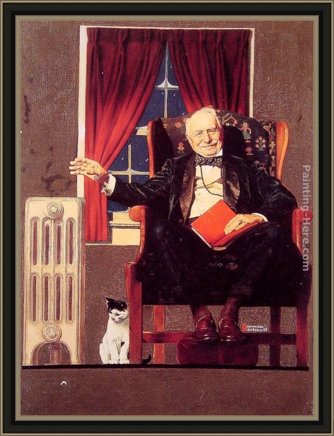 Framed Norman Rockwell man seated by a radiator painting