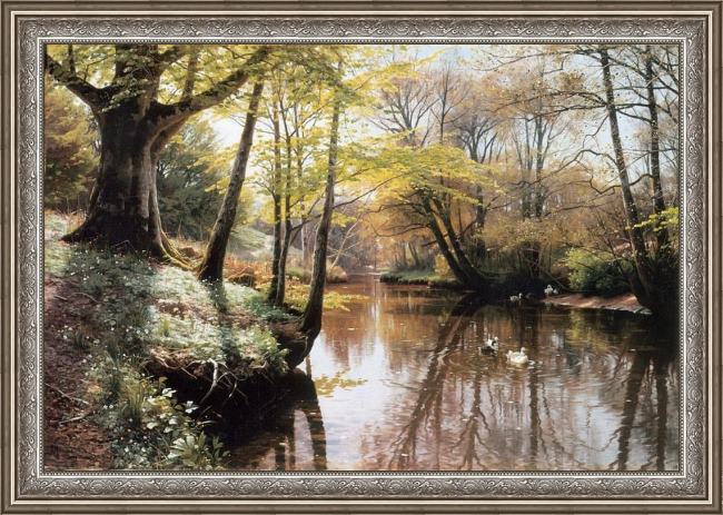 Framed Peder Mork Monsted a river landscape in springtime painting