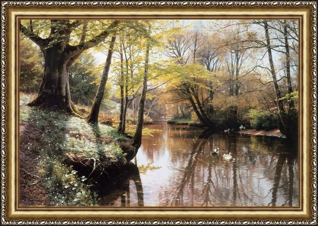 Framed Peder Mork Monsted a river landscape in springtime painting