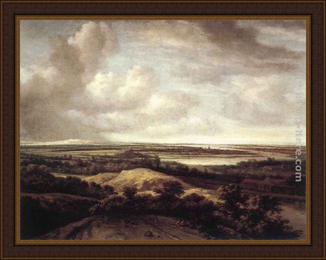 Framed Philips Koninck panorama view of dunes and a river painting