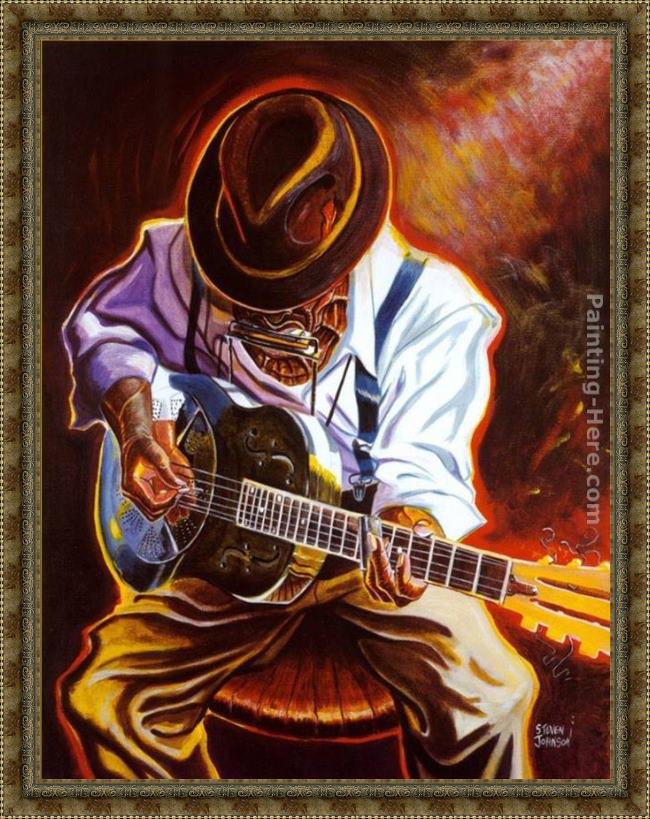 Framed Steven Johnson strummin' blues painting