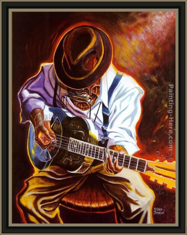 Framed Steven Johnson strummin' blues painting
