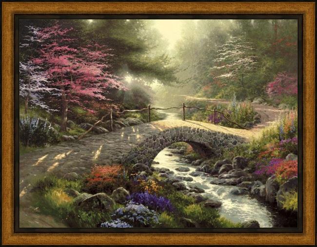 Framed Thomas Kinkade bridge of faith painting