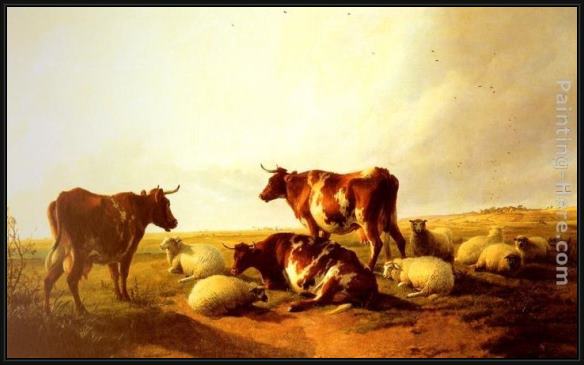 Framed Thomas Sidney Cooper cattle and sheep in a landscape painting