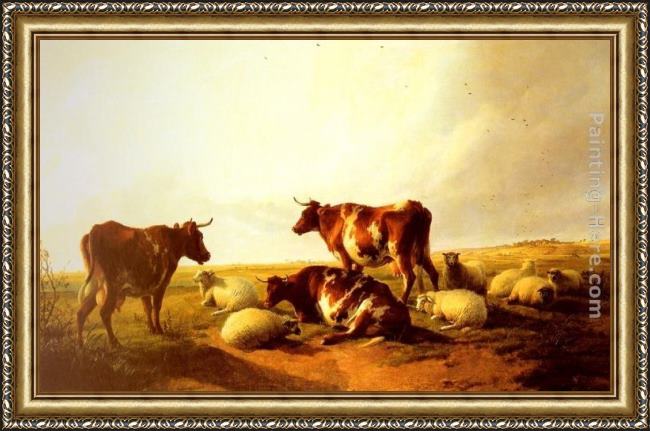 Framed Thomas Sidney Cooper cattle and sheep in a landscape painting