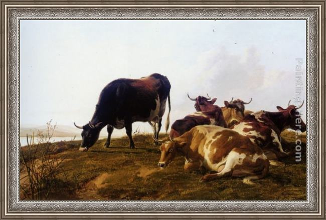 Framed Thomas Sidney Cooper cattle resting beside a river painting