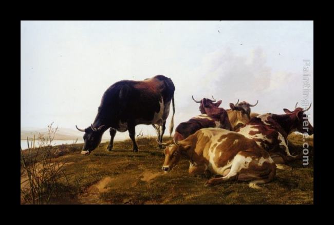 Framed Thomas Sidney Cooper cattle resting beside a river painting