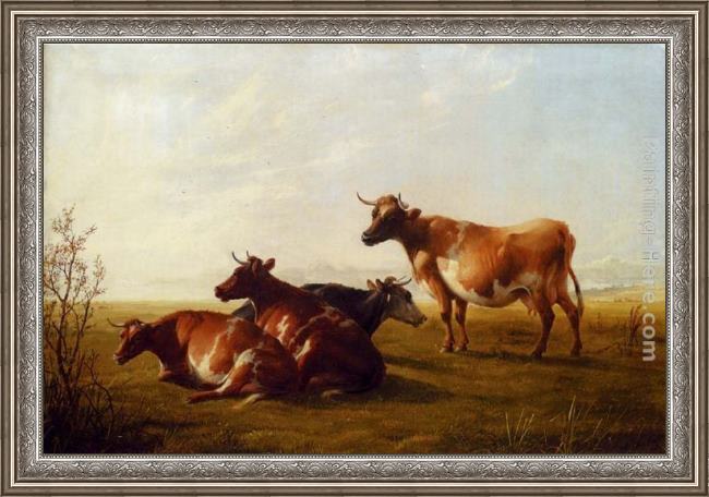 Framed Thomas Sidney Cooper cows in a meadow painting
