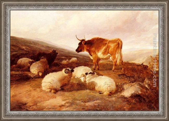 Framed Thomas Sidney Cooper rams and a bull in a highland landscape painting