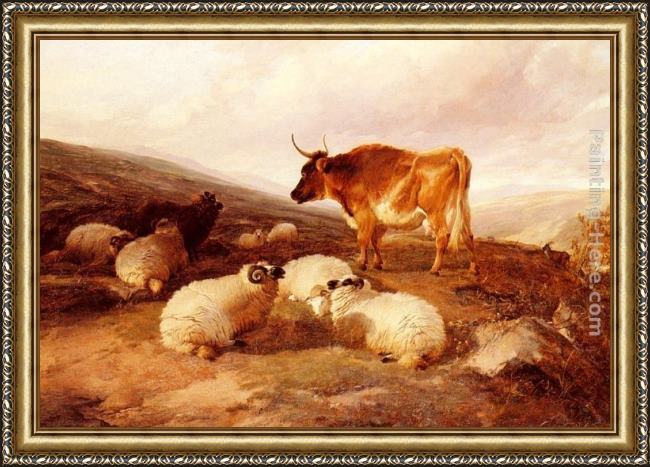 Framed Thomas Sidney Cooper rams and a bull in a highland landscape painting